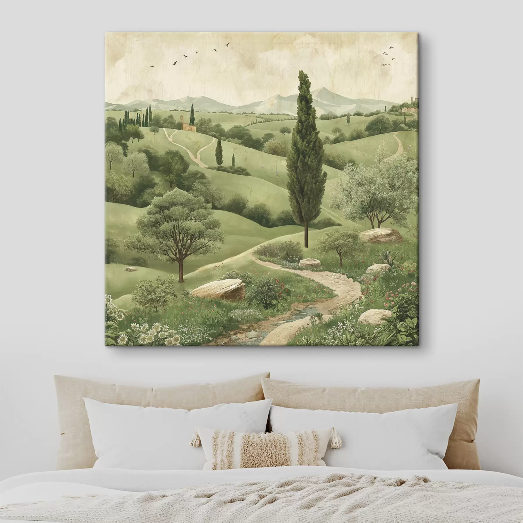 Wandbilder Toskanische Landschaft, Vintage-Stil, pastellgrüne Farben, Hügel und Bäume s40075
