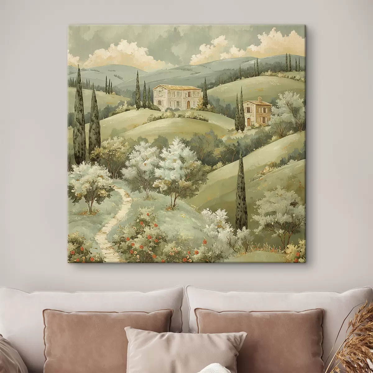 Wandbilder Landschaft mit Vintage-Häusern, pastellgrüne Farben, Acrylzeichnung, Sommer s40078