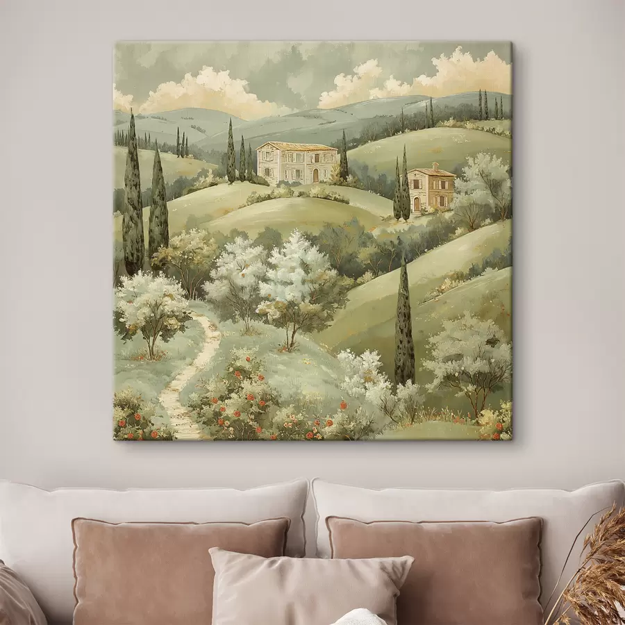 Wandbilder Landschaft mit Vintage-Häusern, pastellgrüne Farben, Acrylzeichnung, Sommer s40078