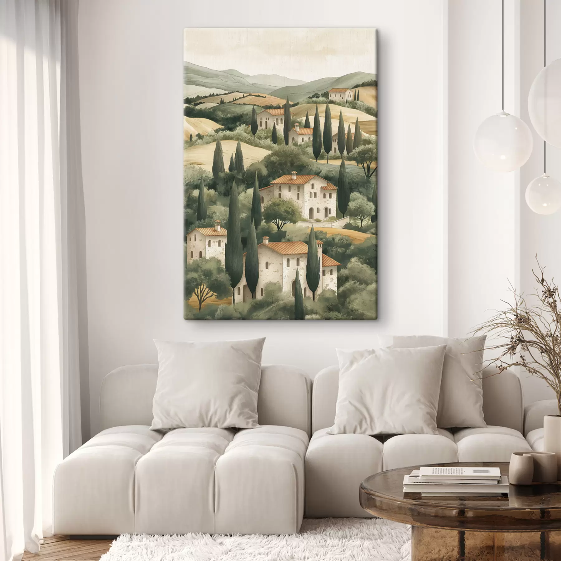 Fototapete Toskana-Landschaft mit alten Häusern, Pastellfarben, Hügeln und Bäumen, rustikal s40082