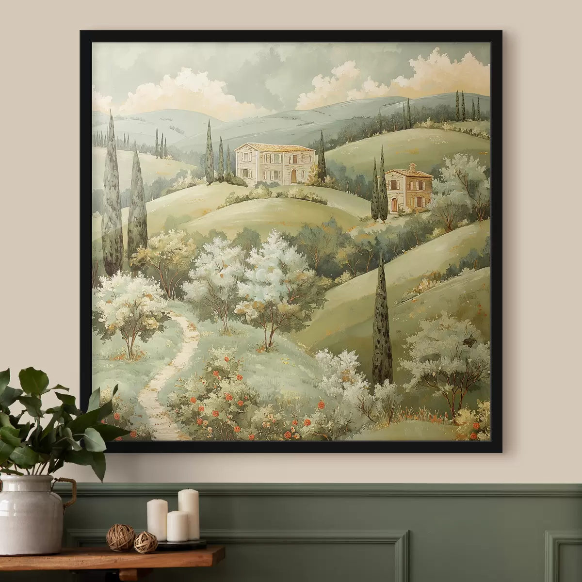 Poster Landschaft mit Vintage-Häusern, pastellgrüne Farben, Acrylzeichnung, Sommer f40078