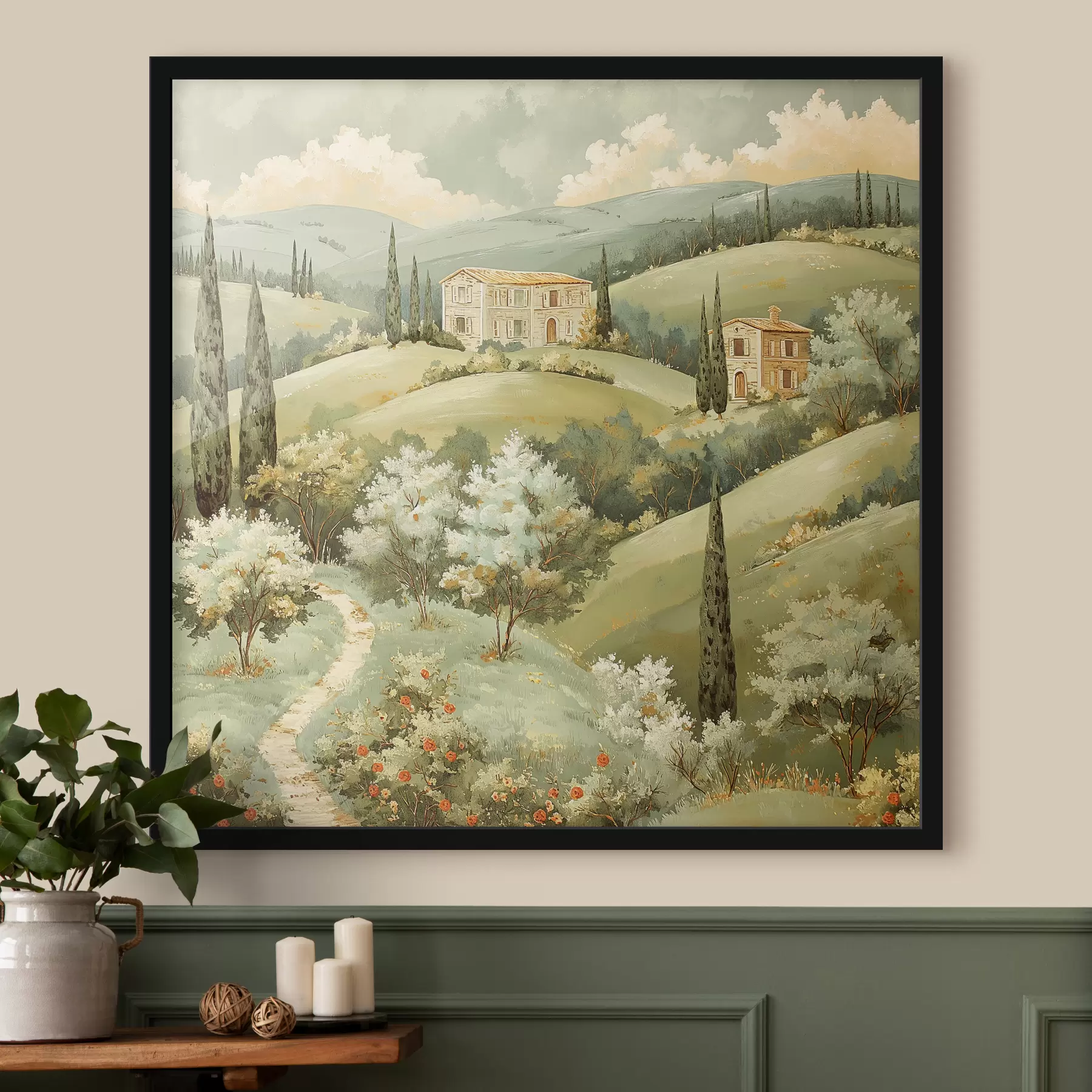 Wandbilder Landschaft mit Vintage-Häusern, pastellgrüne Farben, Acrylzeichnung, Sommer f40078