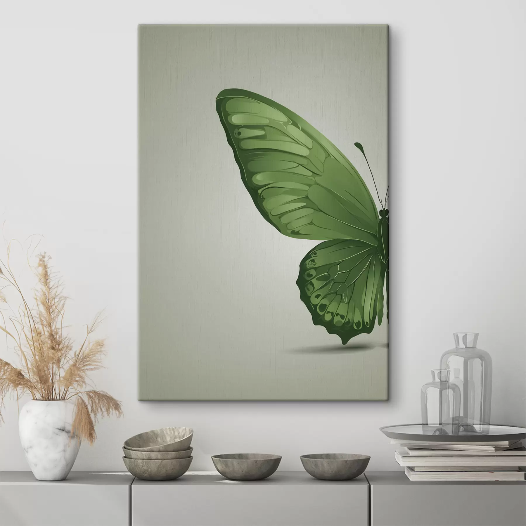 Fototapete Linker Flügel eines grünen Schmetterlings auf weißem Hintergrund s40062