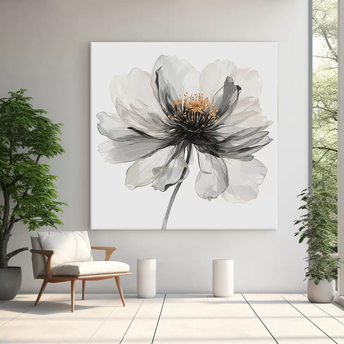 Wandbilder Transparente schwarze Blume auf weißem Hintergrund s40066