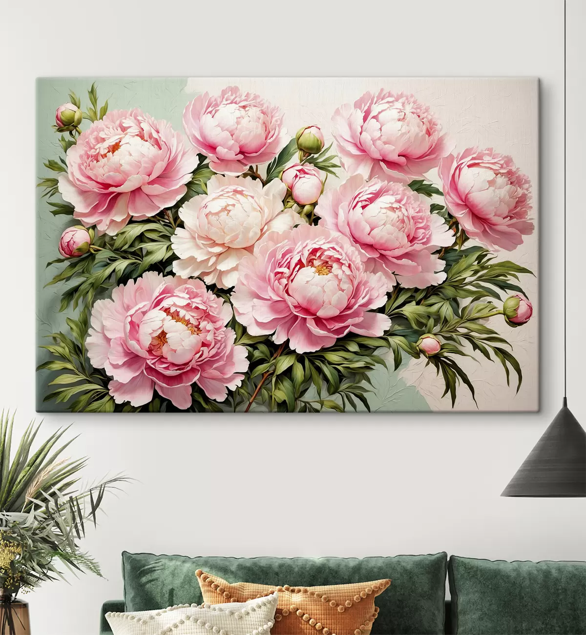 Wandbilder Rosa Blüten und Blätter auf blau-weißem Hintergrund s40074