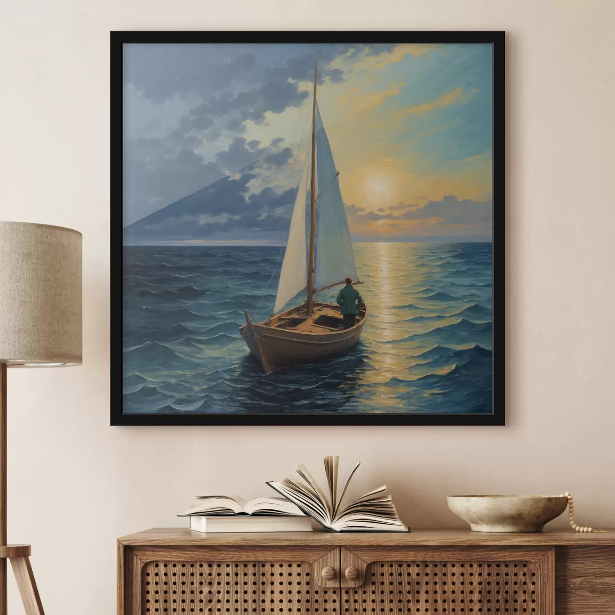 Poster Ein Mann, der in einem Boot auf dem Meer treibt f40053