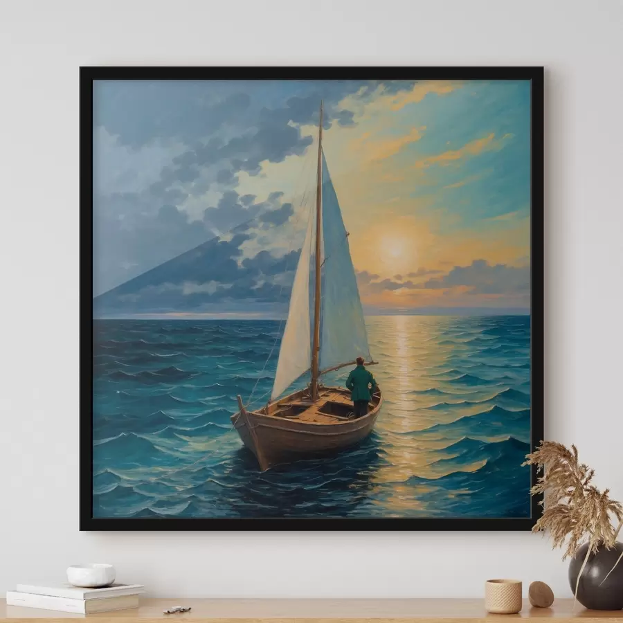 Fototapete Ein Mann, der in einem Boot auf dem Meer treibt f40053