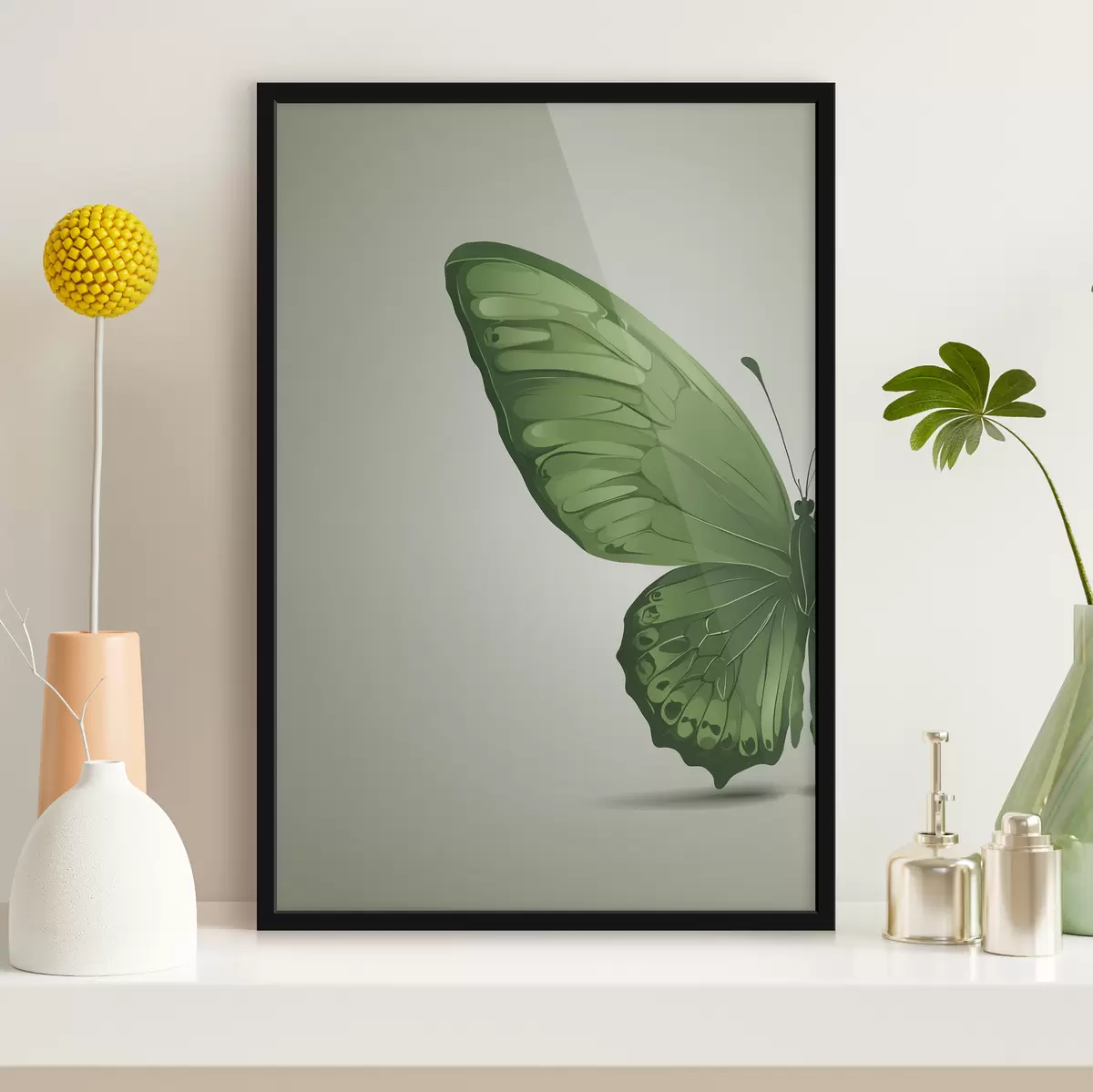 Poster Linker Flügel eines grünen Schmetterlings auf weißem Hintergrund f40062