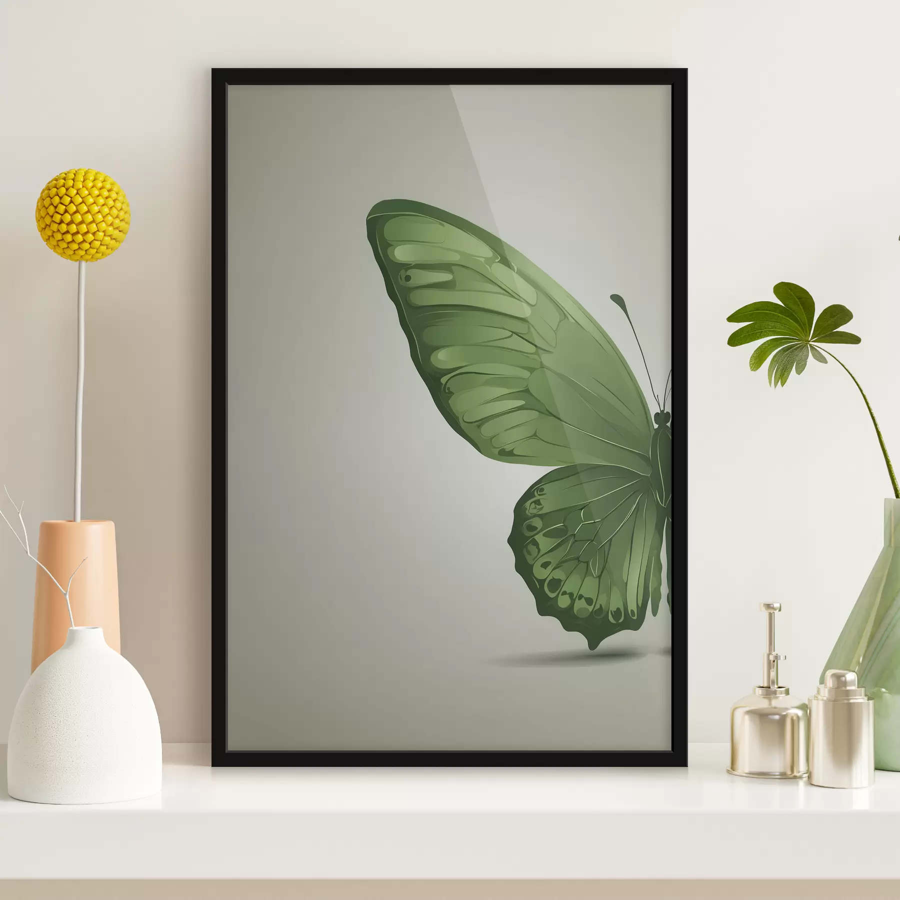 Wandbilder Linker Flügel eines grünen Schmetterlings auf weißem Hintergrund f40062