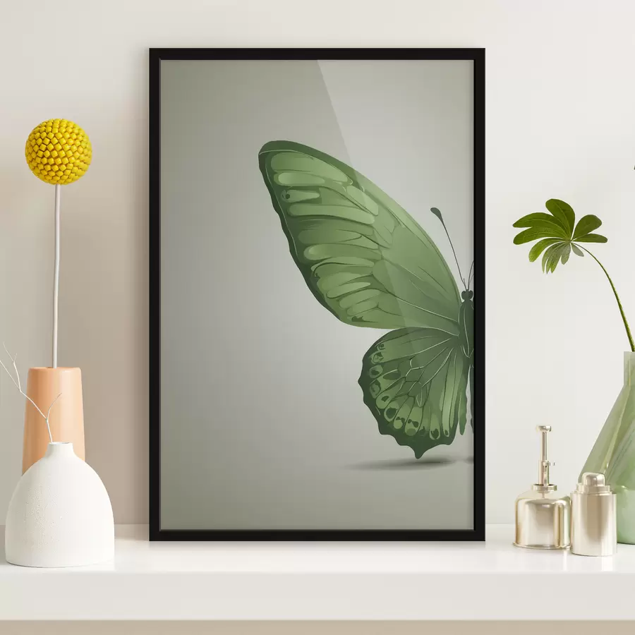 Fototapete Linker Flügel eines grünen Schmetterlings auf weißem Hintergrund f40062