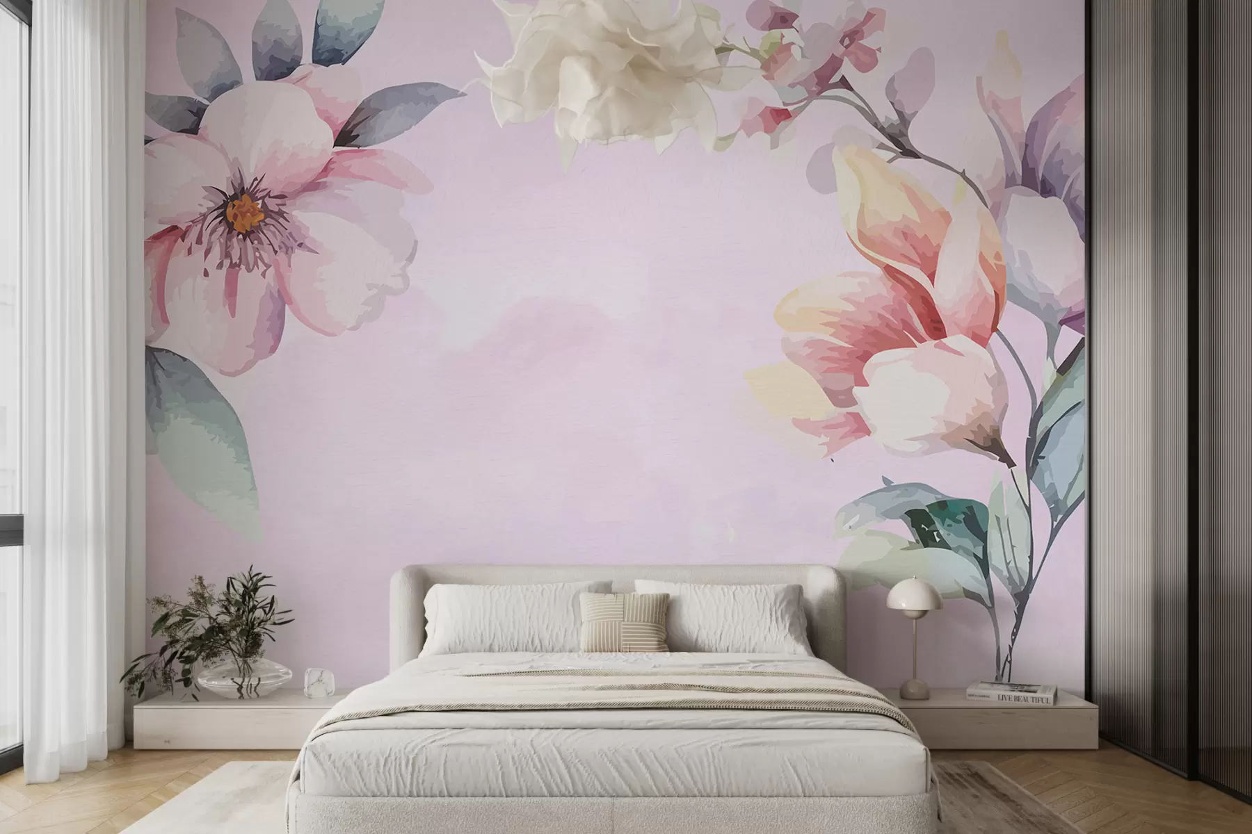 Fototapete Große Blumen auf rosa Hintergrund mit Aquarellfarben w01382