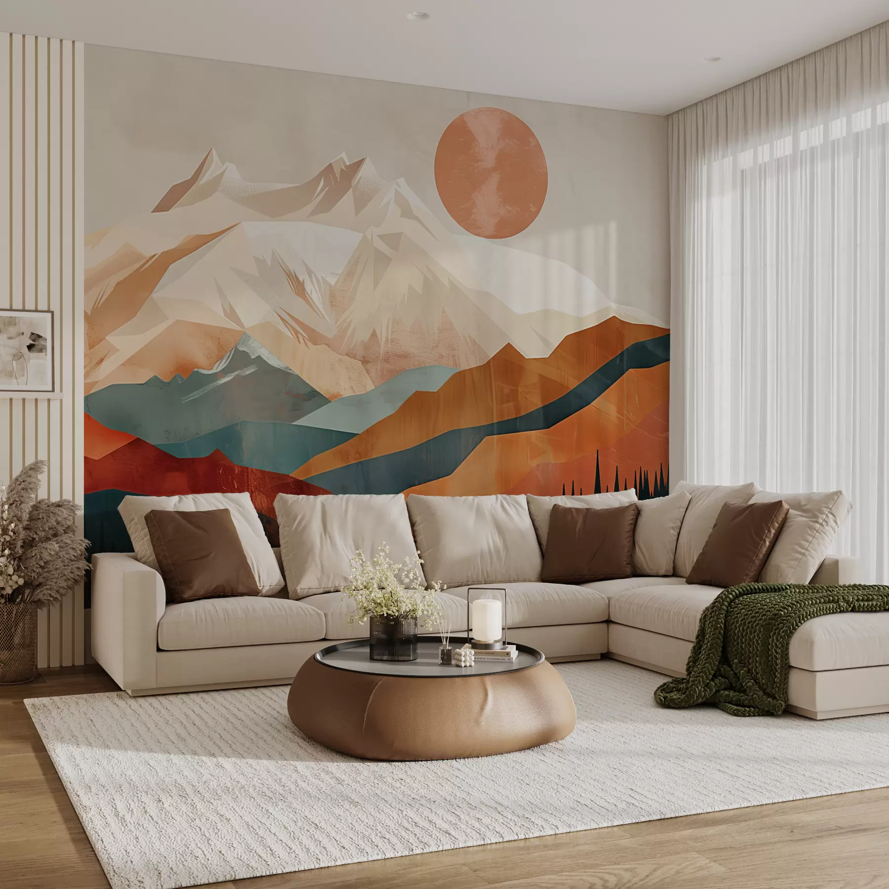 Fototapete Boho-Glückseligkeit: eine ruhige Landschaft aus Bergen, Bäumen und Sonne w01358