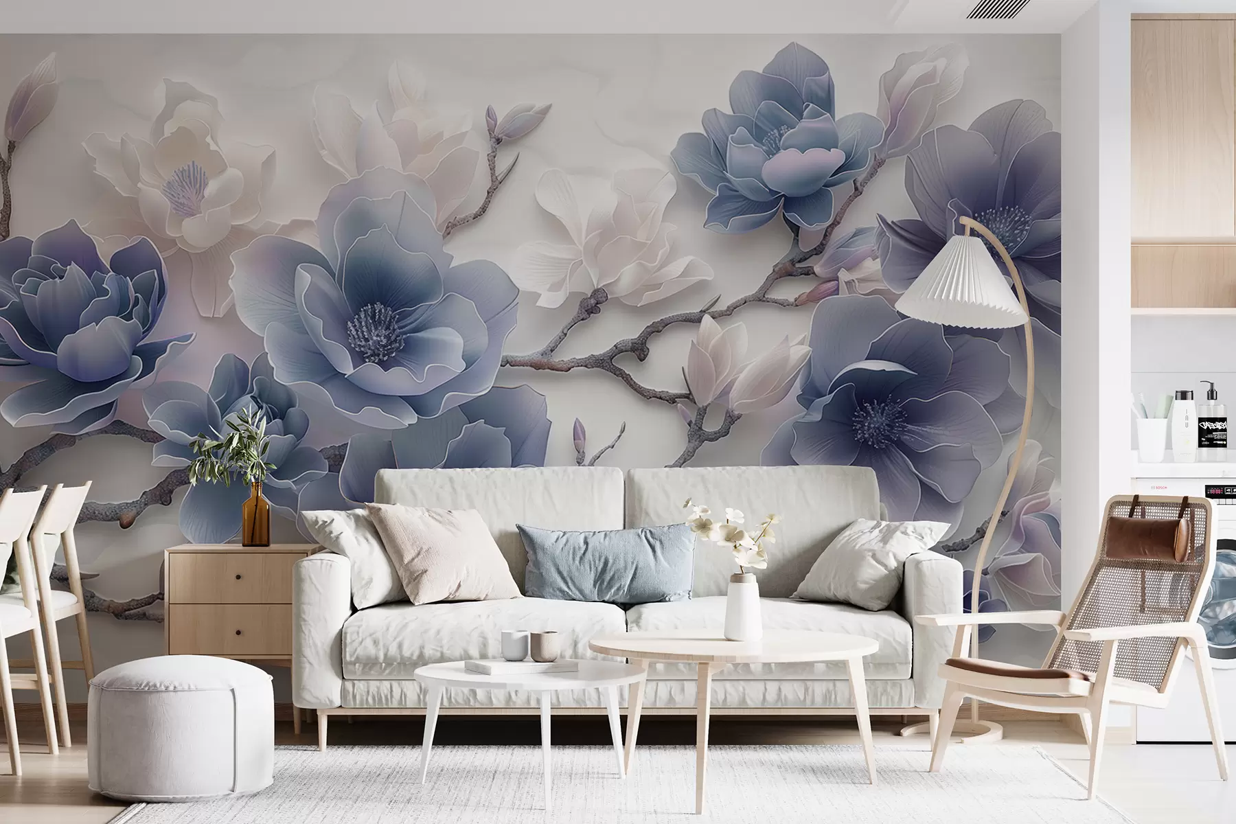 Fototapete Blau geprägte Magnolienblüten auf einem anmutigen Zweig w01359v1