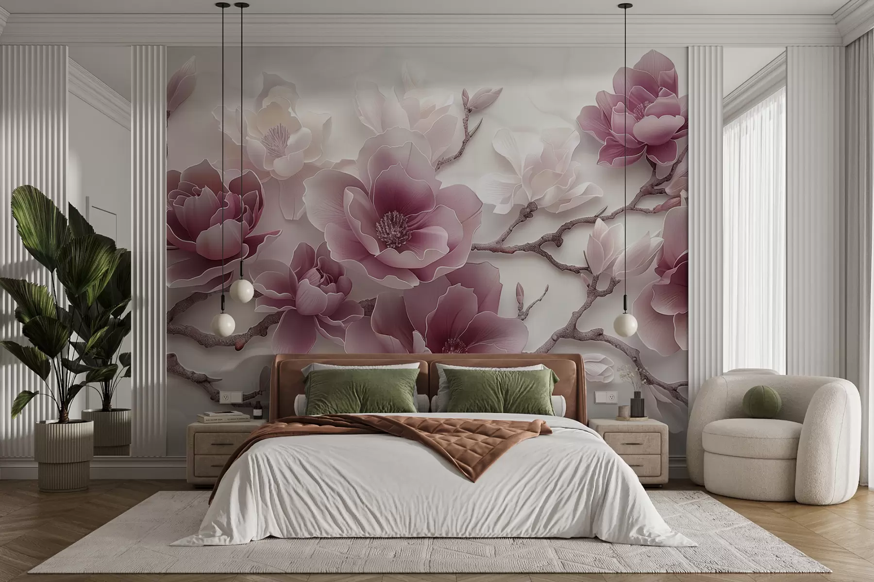 Fototapete Rosa geprägte Magnolienblüten auf einem anmutigen Zweig w01359v2