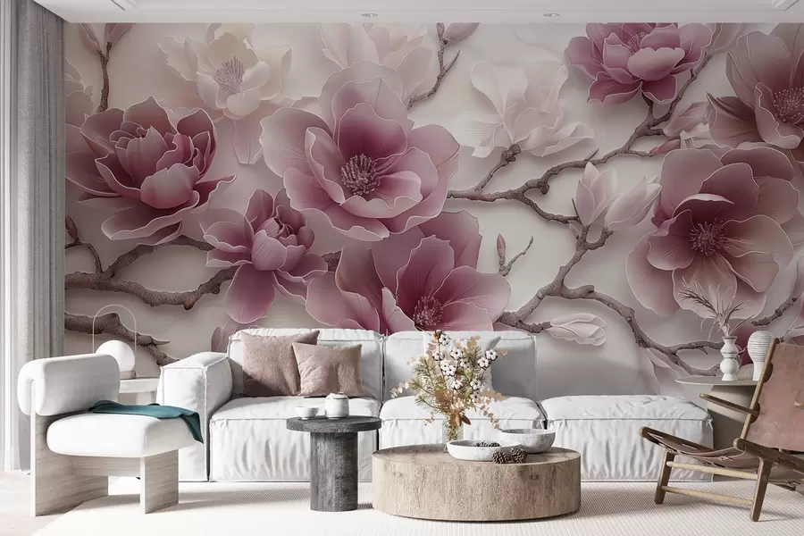 Fototapete Rosa geprägte Magnolienblüten auf einem anmutigen Zweig w01359v2