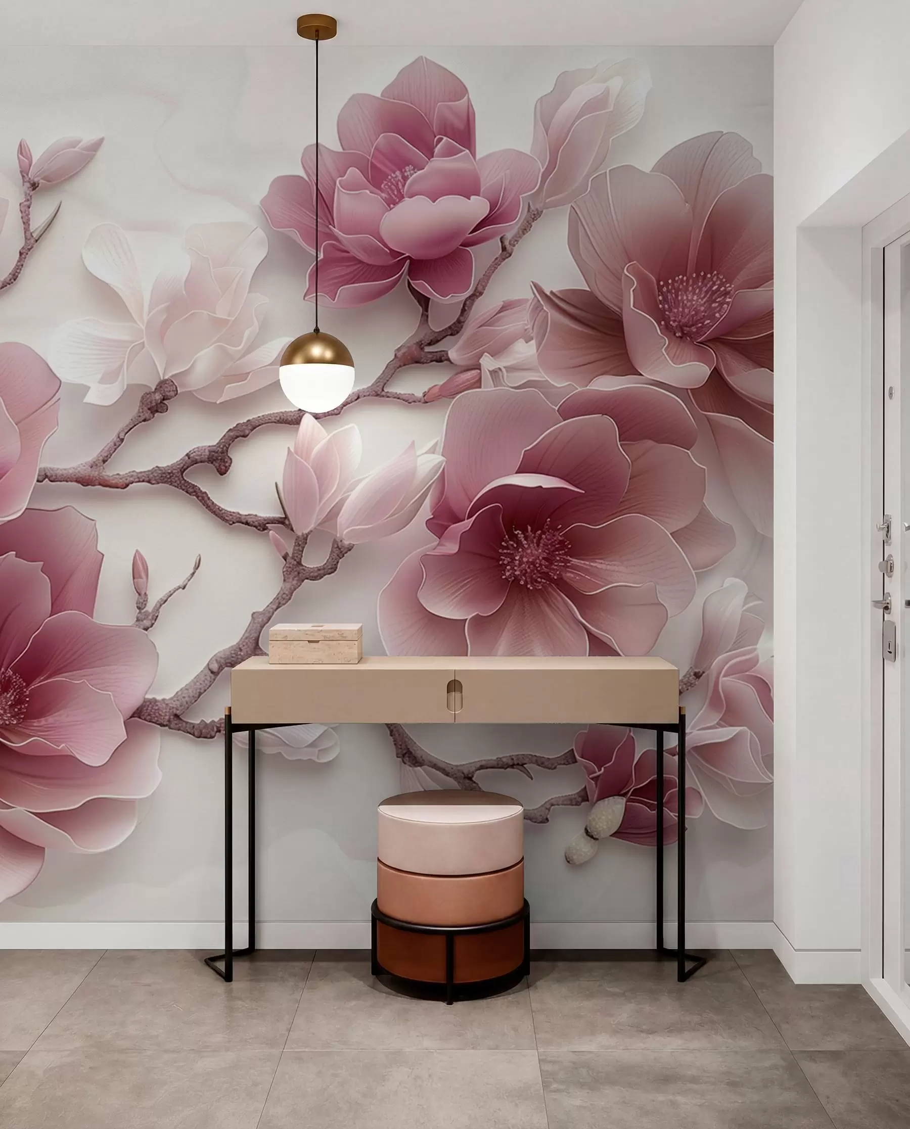 Fototapete Rosa geprägte Magnolienblüten auf einem anmutigen Zweig w01359v2