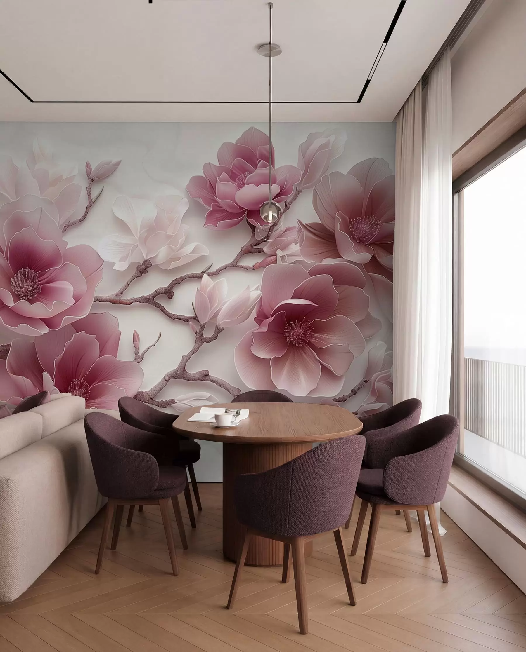Fototapete Rosa geprägte Magnolienblüten auf einem anmutigen Zweig w01359v2