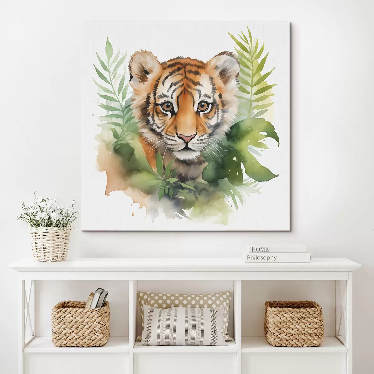 Wandbilder Porträt eines Tigers in tropischen Blättern Aquarell s40090