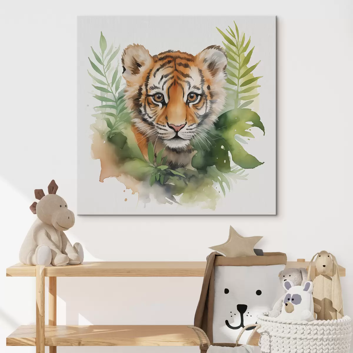 Wandbilder Porträt eines Tigers in tropischen Blättern Aquarell s40090