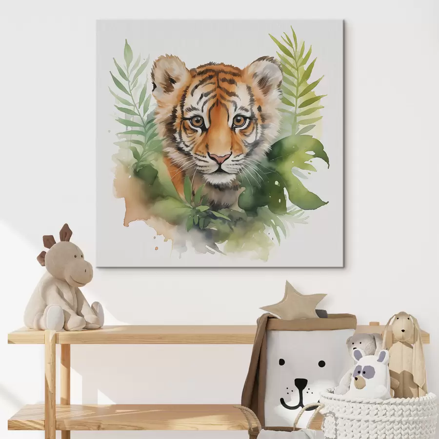 Wandbilder Porträt eines Tigers in tropischen Blättern Aquarell s40090