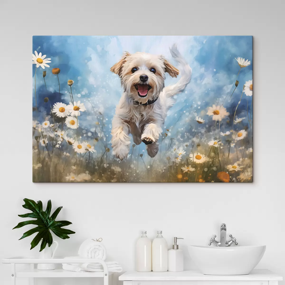 Wandbilder Kleiner weißer Hund springt zwischen Gänseblümchen auf blauem Hintergrund Aquarell s40092