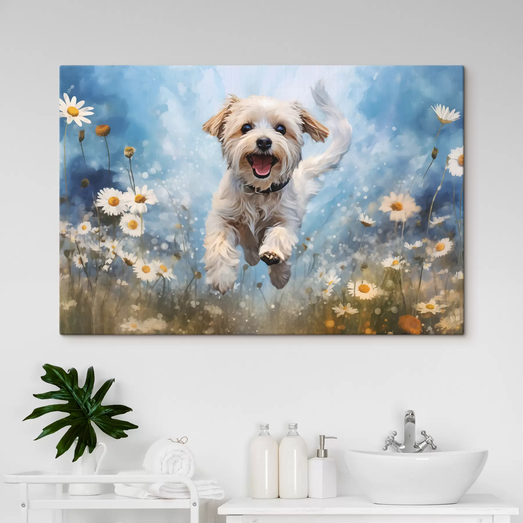 Wandbilder Kleiner weißer Hund springt zwischen Gänseblümchen auf blauem Hintergrund Aquarell s40092