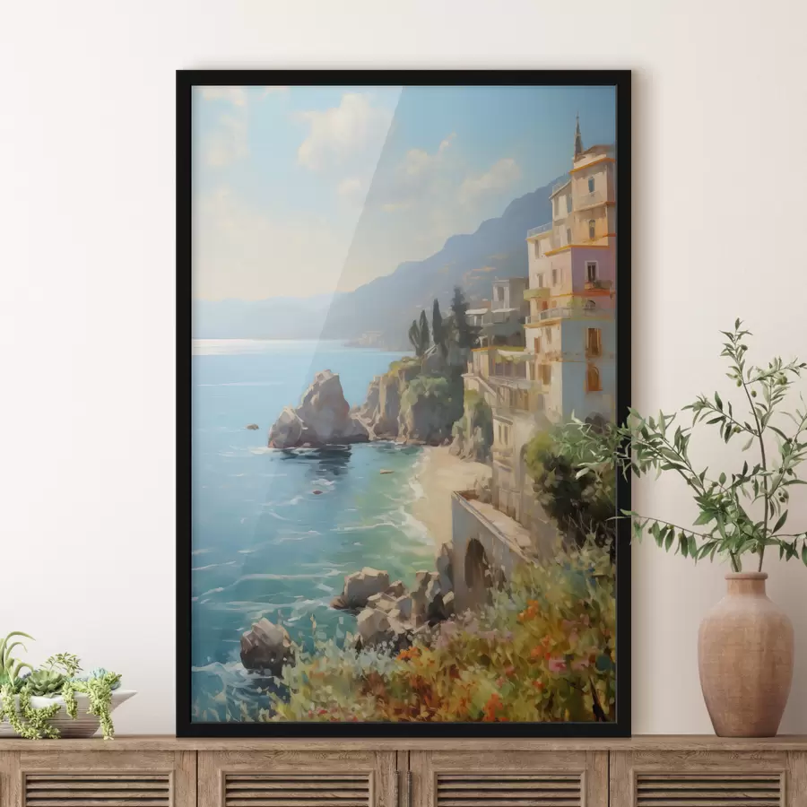 Fototapete Blick auf die Meeresbucht, die Berge in Italien vom Hotel aus, Nachahmung eines Ölgemäldes f40088