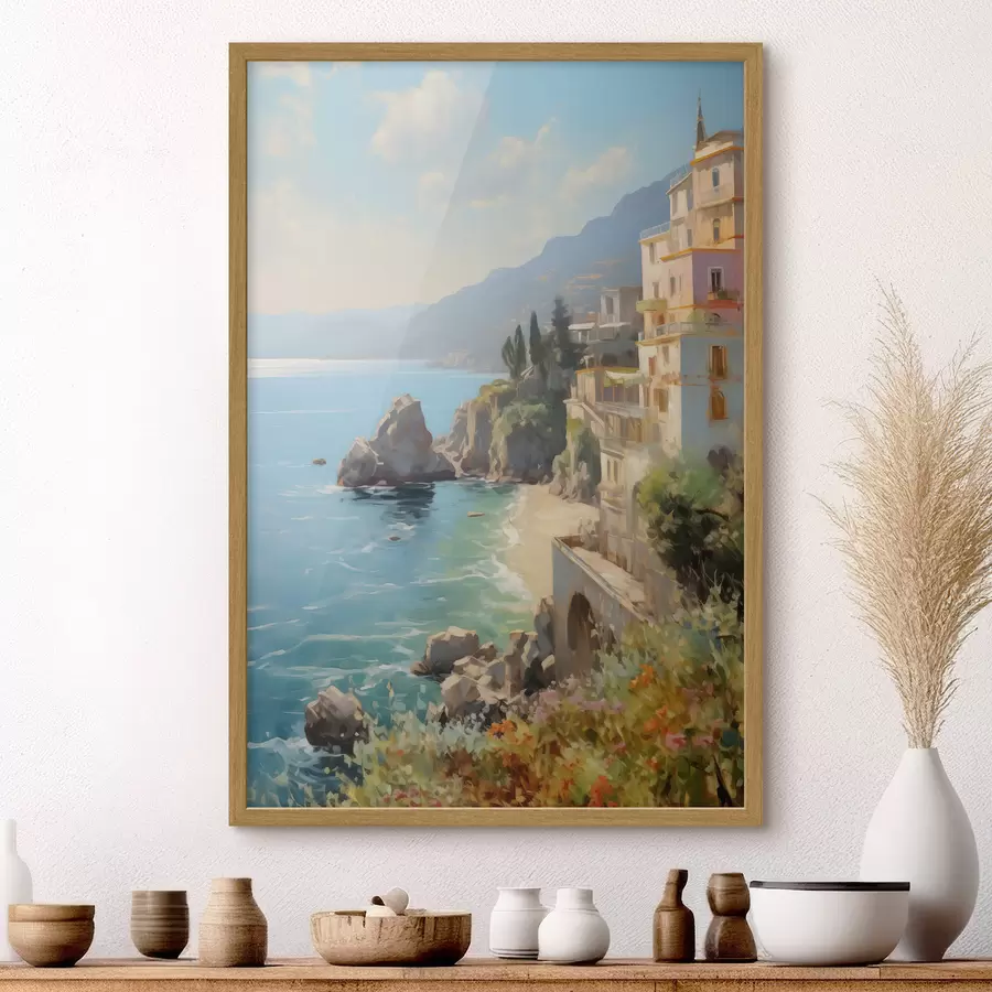 Fototapete Blick auf die Meeresbucht, die Berge in Italien vom Hotel aus, Nachahmung eines Ölgemäldes f40088