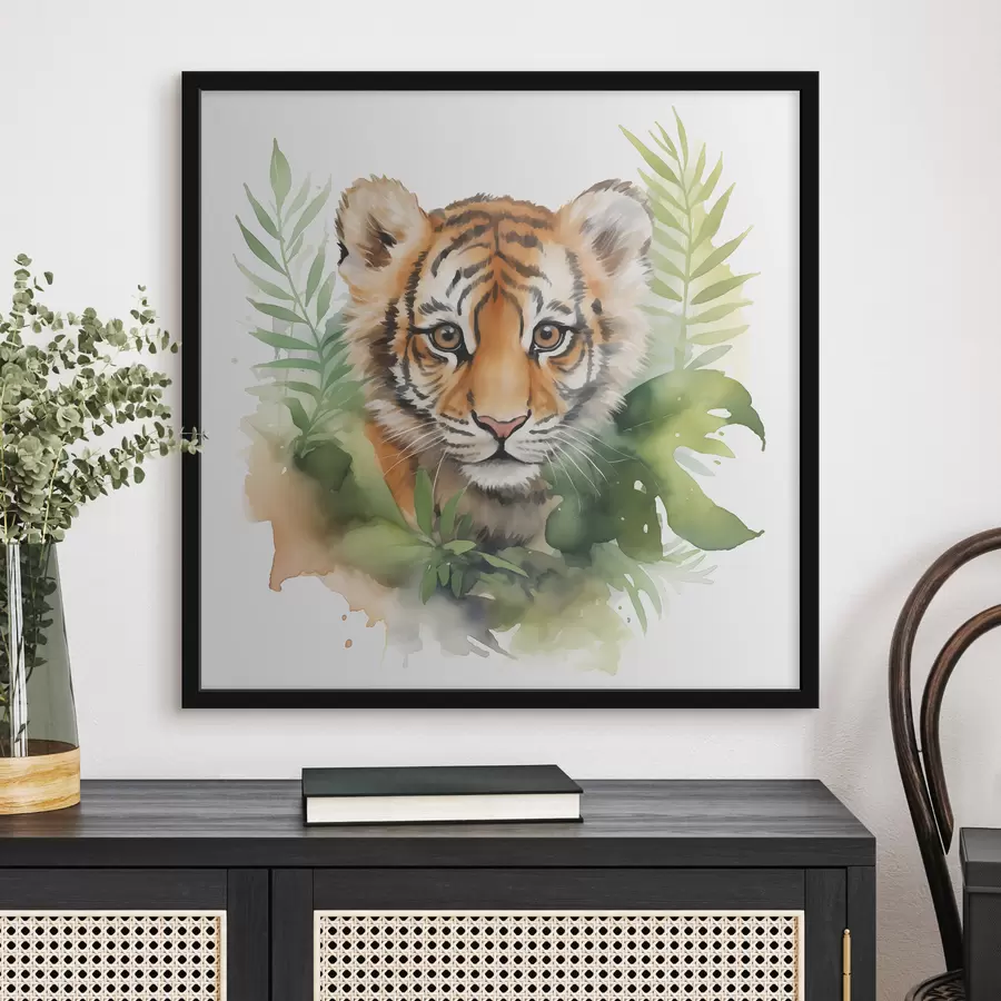 Fototapete Tiger Porträt in tropischen Blättern Aquarell f40090