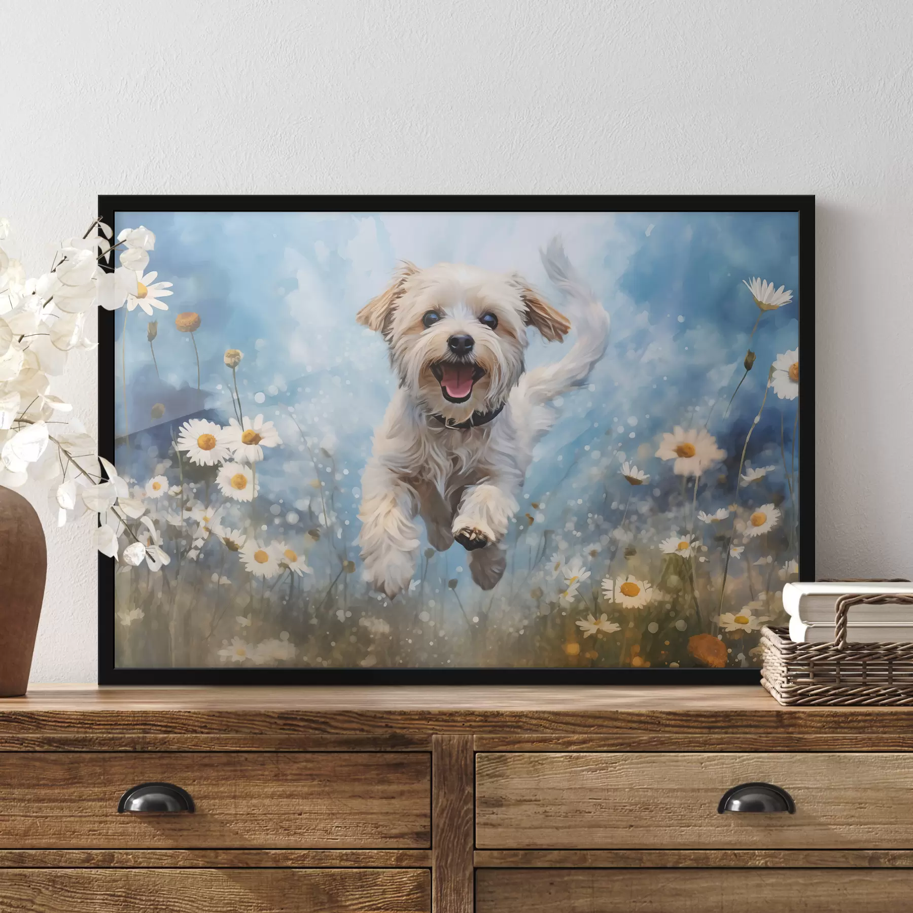 Fototapete Kleiner weißer Hund springt zwischen Gänseblümchen auf blauem Hintergrund Aquarell f40092