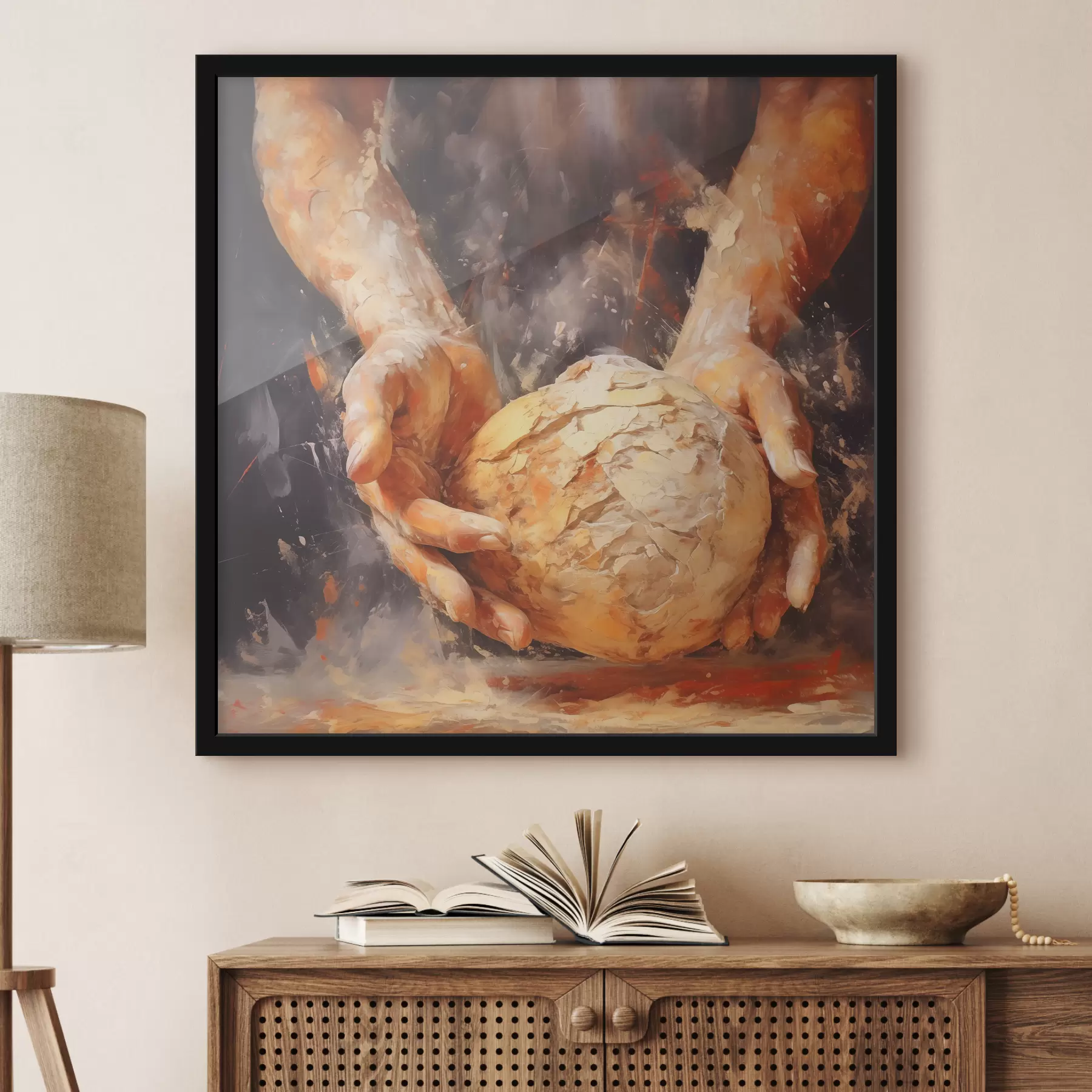 Fototapete Die Hände des Bäckers, die den Teig halten, Nachahmung eines Ölgemäldes f40095