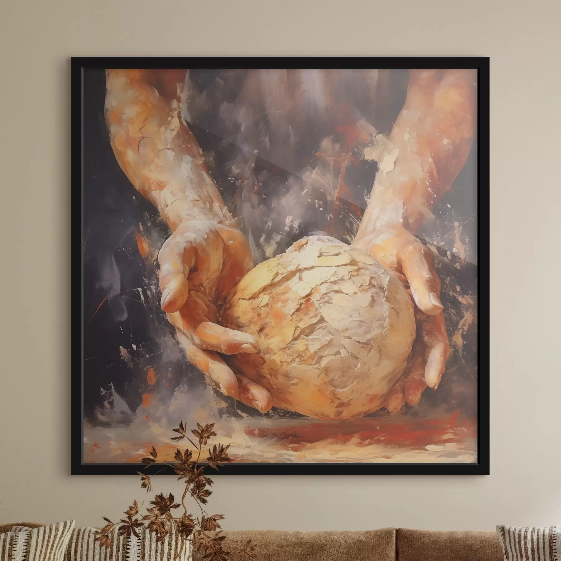 Fototapete Die Hände des Bäckers, die den Teig halten, Nachahmung eines Ölgemäldes f40095