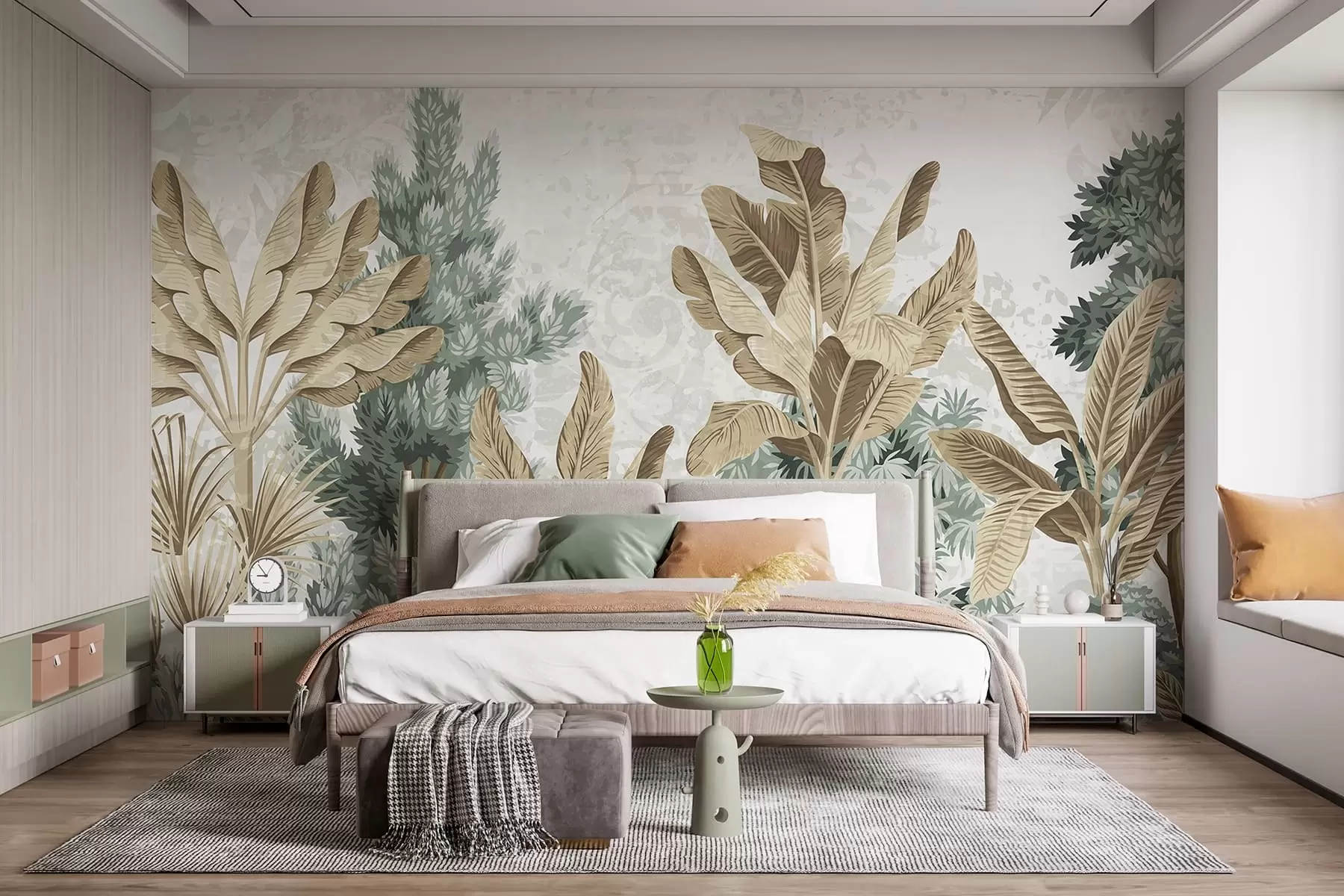 Fototapete Ein üppiger, tropischer Laubdruck mit grünen und braunen Blättern, Palmen und anderen exotischen Pflanzen w08200