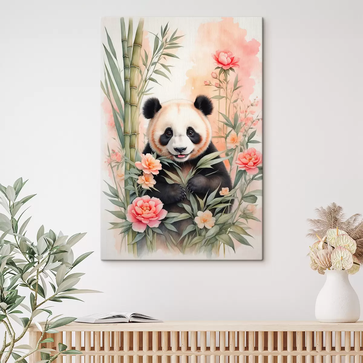Wandbilder Panda mit Blumen und Bambus s40125