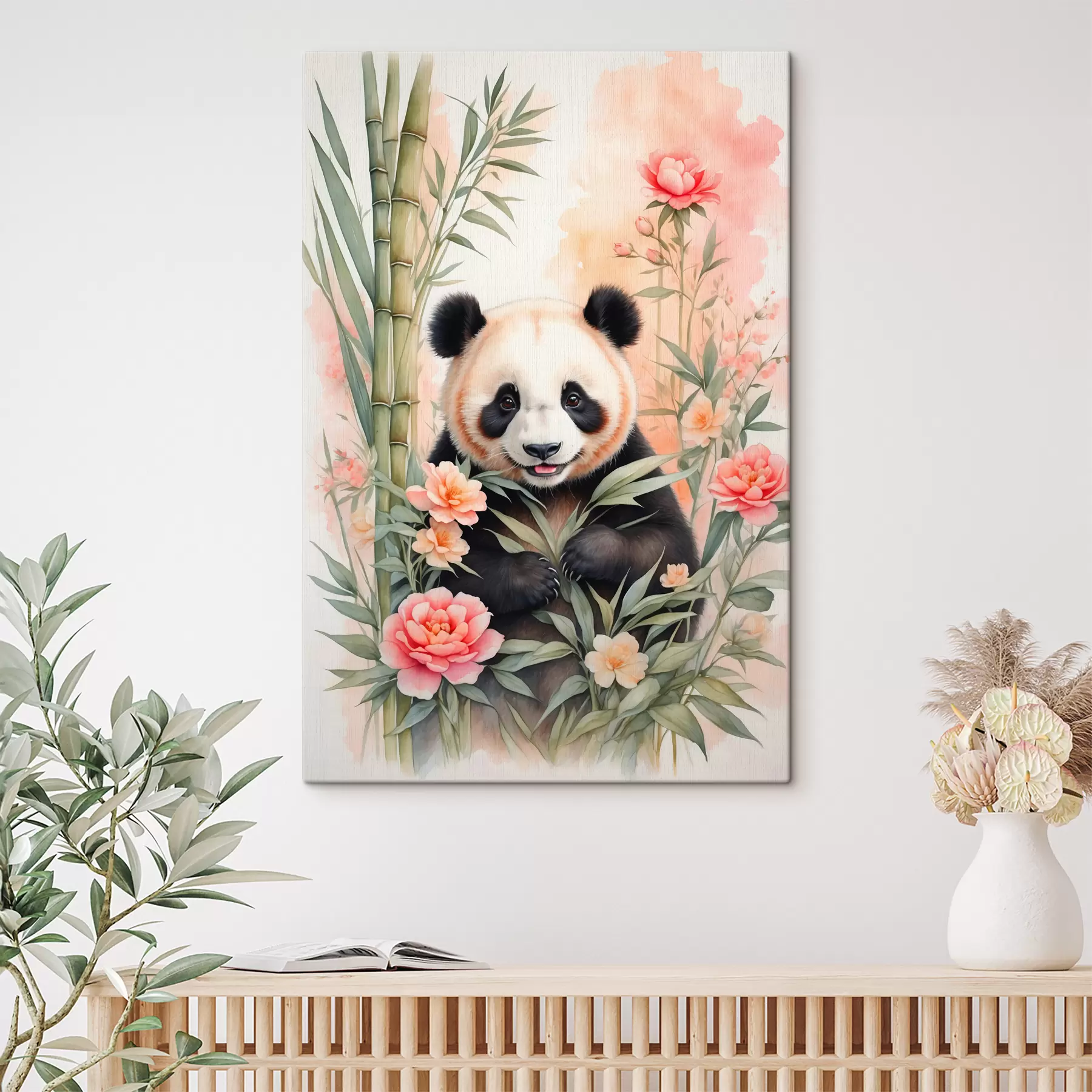 Fototapete Panda mit Blumen und Bambus s40125