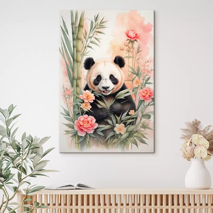 Wandbilder Panda mit Blumen und Bambus s40125