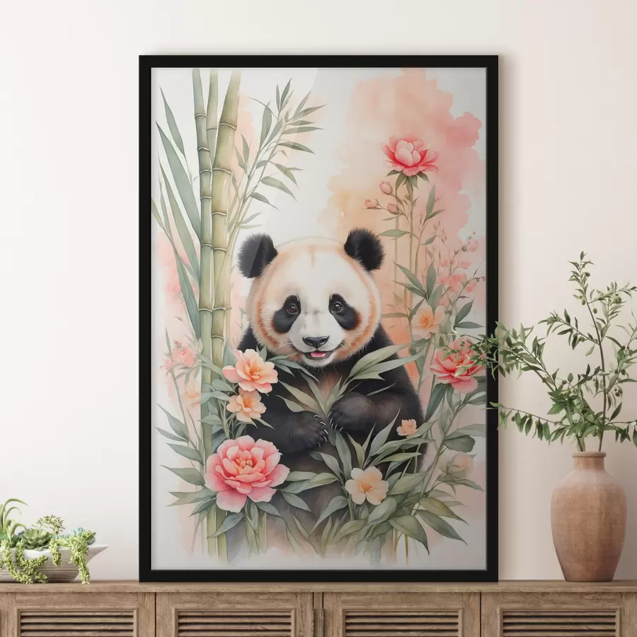 Fototapete Panda mit Blumen und Bambus f40125
