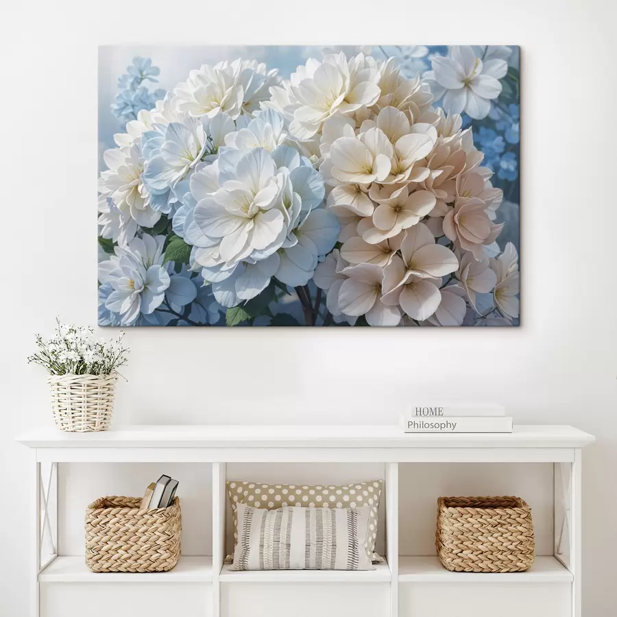 Wandbilder Zarte, pastellfarbene Dahlienblüten mit zarten Blütenblättern blühen vor einem unscharfen Hintergrund s40146