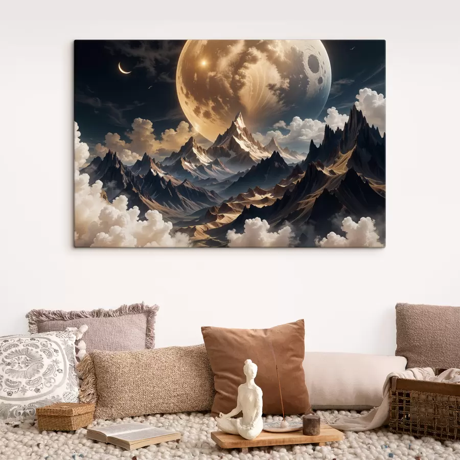 Wandbilder Eine surreale Landschaft mit schneebedeckten Bergen unter einem riesigen Vollmond, mit dünnen Wolken s40147