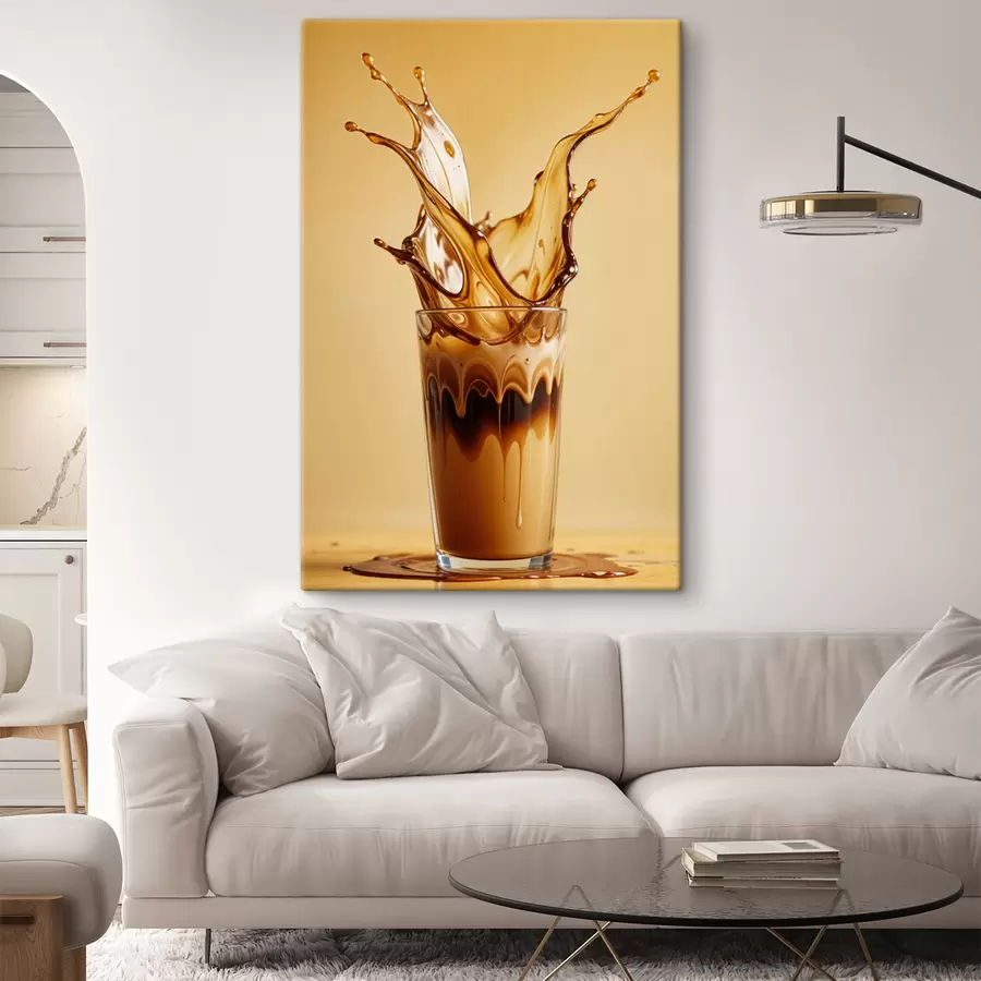 Wandbilder Ein mit Kaffee gefülltes Glas mit einem dramatischen Spritzeffekt, der ein abstraktes und dynamisches Bild erzeugt s40165