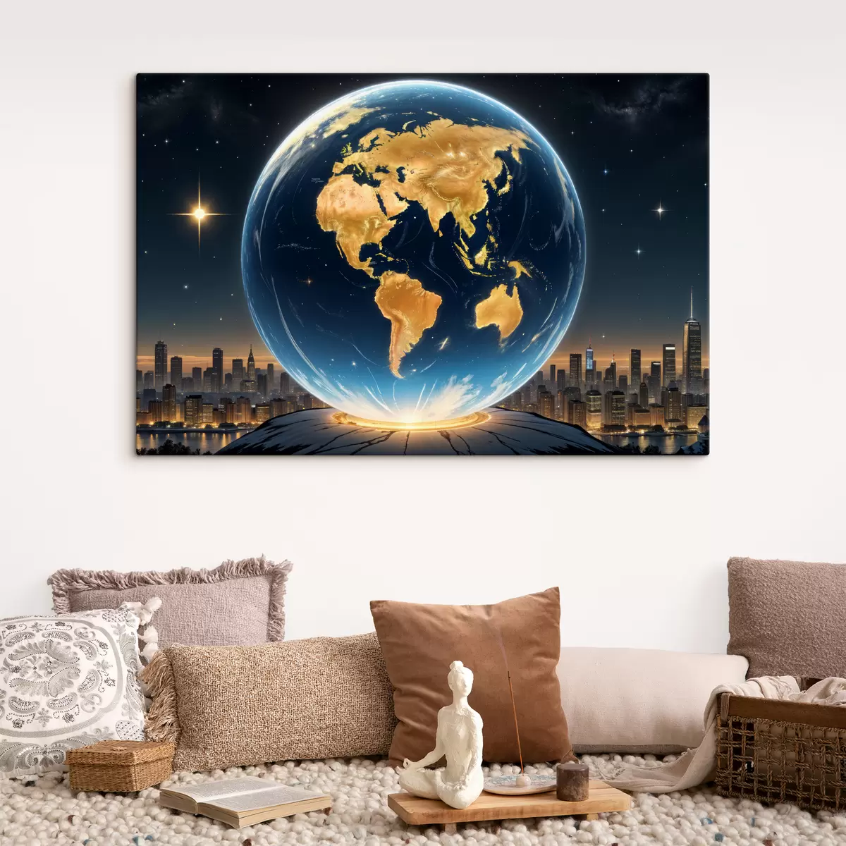 Wandbilder Eine detaillierte, fotorealistische Darstellung des Planeten Erde, der in einer Weltraumlandschaft schwebt s40178