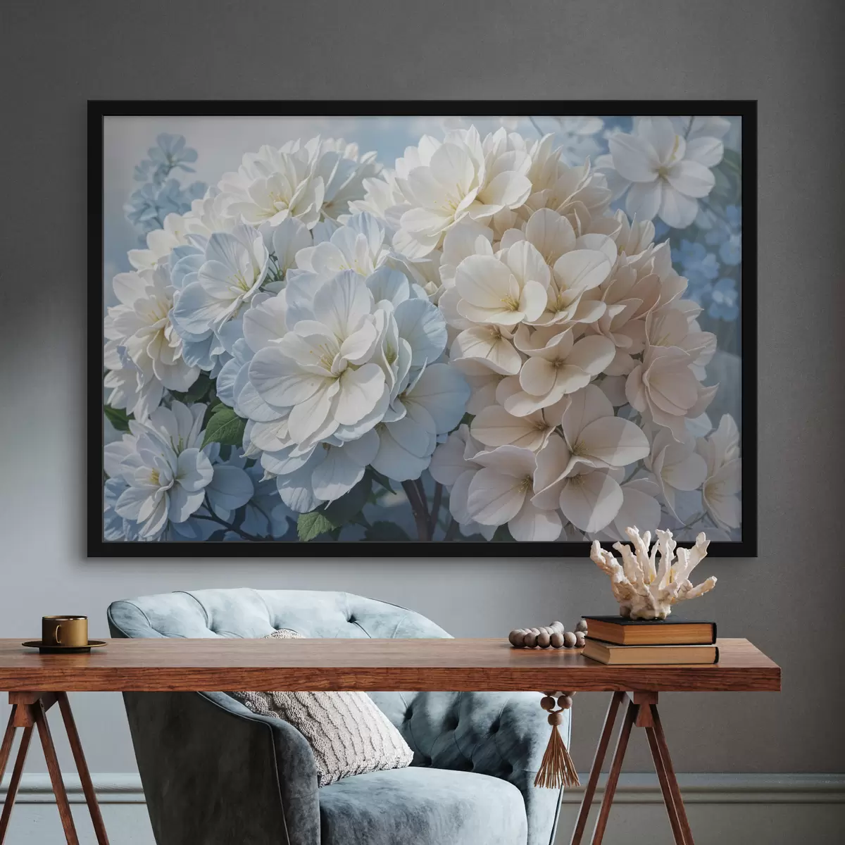 Poster Zarte, pastellfarbene Dahlienblüten mit zarten Blütenblättern blühen vor einem unscharfen Hintergrund f40146