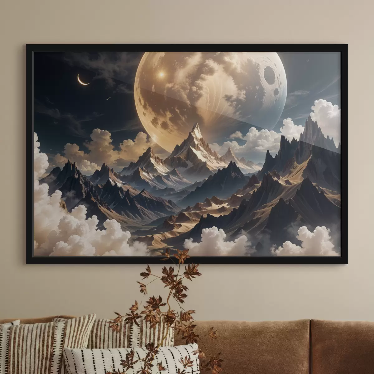 Poster Eine surreale Landschaft mit schneebedeckten Bergen unter einem riesigen Vollmond, mit dünnen Wolken f40147