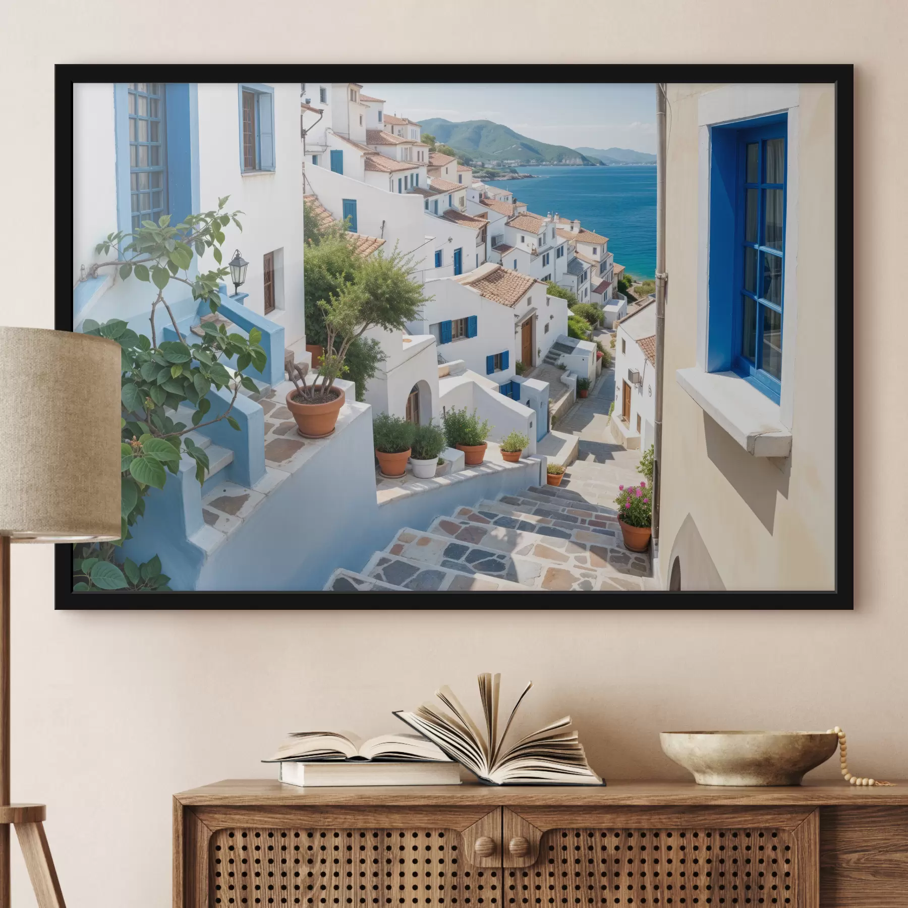 Fototapete Eine malerische Küstenstadt mit weißen Gebäuden, blauen Fenstern und Topfpflanzen entlang der engen Gassen f40148