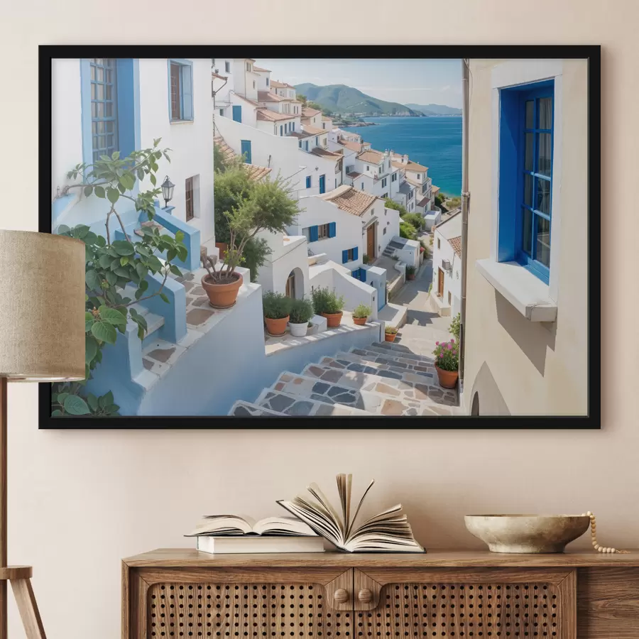 Fototapete Eine malerische Küstenstadt mit weißen Gebäuden, blauen Fenstern und Topfpflanzen entlang der engen Gassen f40148