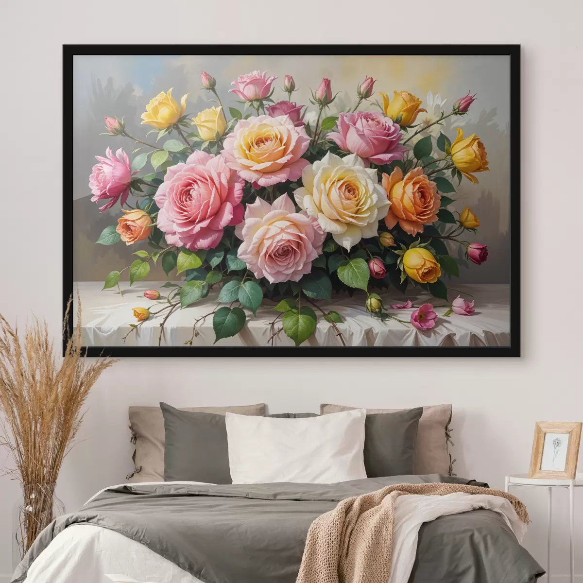 Poster Ein Strauß bunter Rosen in verschiedenen Rosa-, Gelb- und Orangetönen, arrangiert mit grünen Blättern f40149