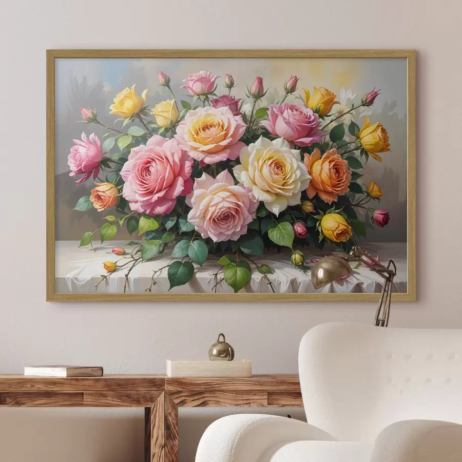 Fototapete Ein Strauß bunter Rosen in verschiedenen Rosa-, Gelb- und Orangetönen, arrangiert mit grünen Blättern f40149