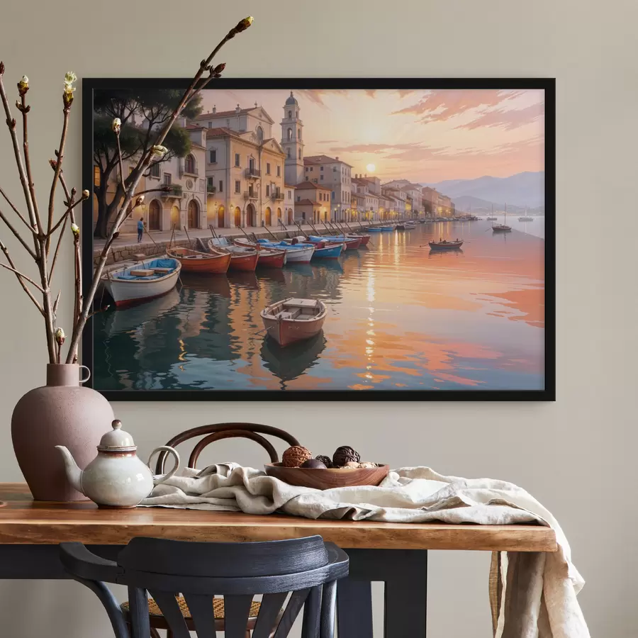 Fototapete Italienische Küstenstadt bei Sonnenuntergang, mit farbenfrohen Gebäuden entlang der Uferpromenade und Booten, die im ruhigen Wasser treiben f40150