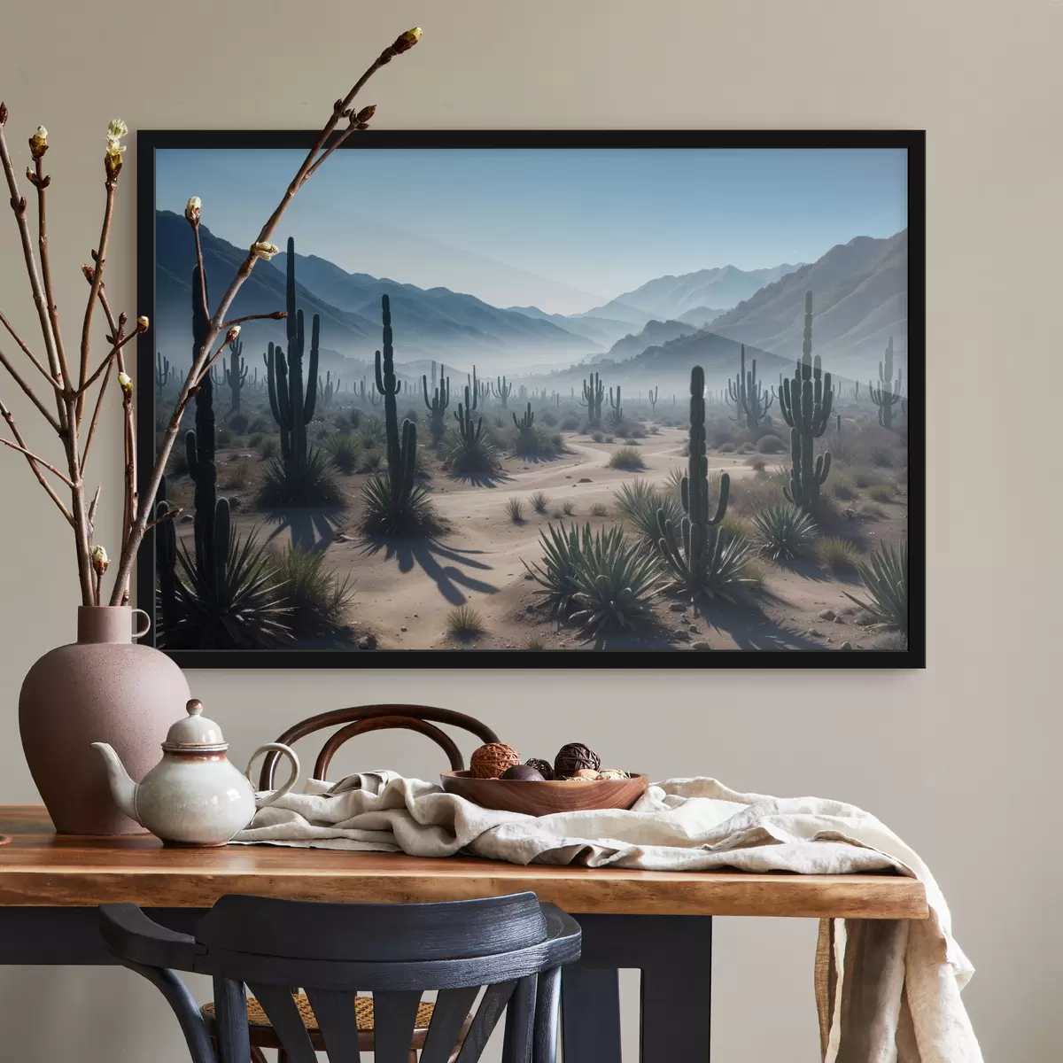 Poster Eine Wüstenlandschaft mit hohen Kakteen und Yucca-Pflanzen im Vordergrund, umgeben von dunstigen Bergen f40153