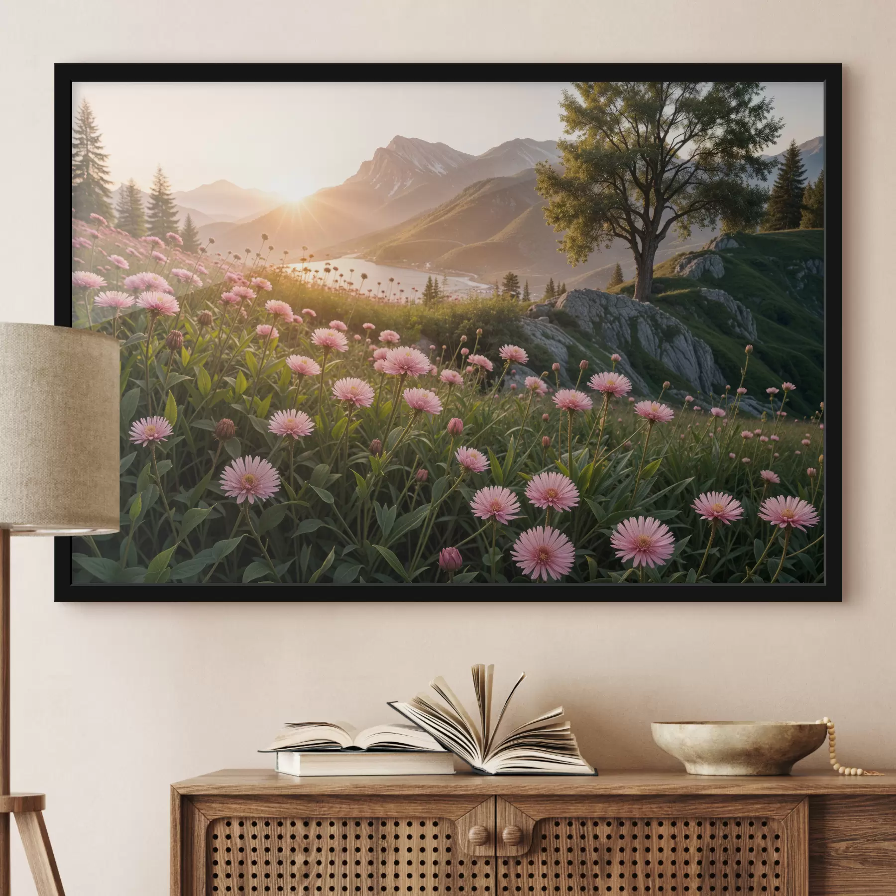 Fototapete Ein Feld mit rosa Gänseblümchen-ähnlichen Blumen im Vordergrund, mit einer großen Bergkette im Hintergrund f40154